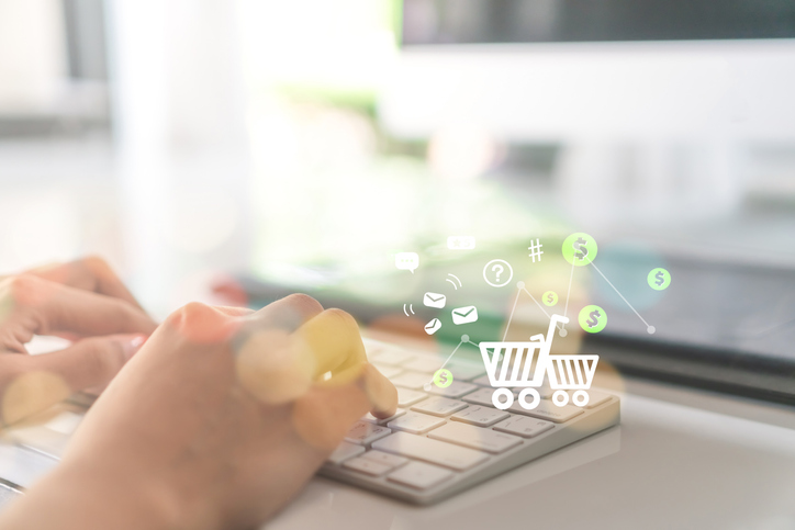 Women hand using laptop do online selling for people that shopping online with chat box, cart, dollar icons pop up. Social media maketing concept. Online Ordering with Ease